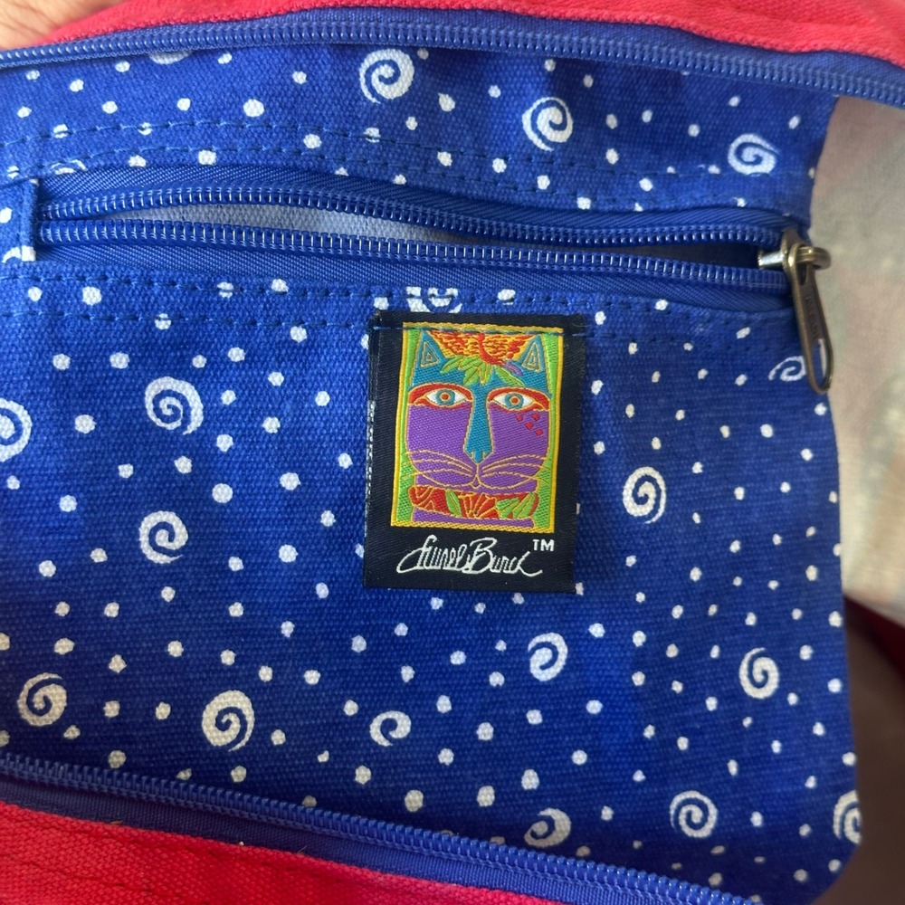 Laurel Burch Canvas Tote Bag Red Blue Three Cats Sequin Embroidered Shoulder Bag - Picture 4 of 16